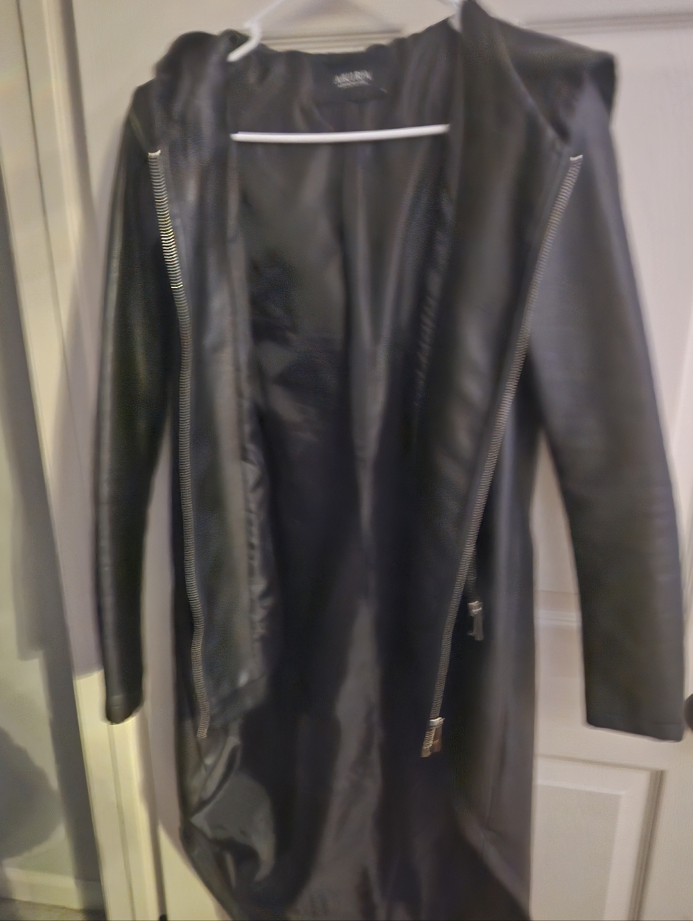 Akira Black Faux Leather Hooded Coat  High Low Jacket Longer In Back